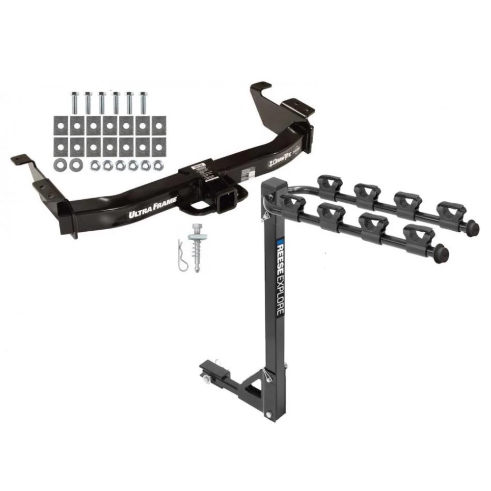 Trailer Tow Hitch w/ 4 Bike Rack For 00-14 Ford Econoline Van Except Shuttle Bus tilt away adult or child arms fold down carrier
