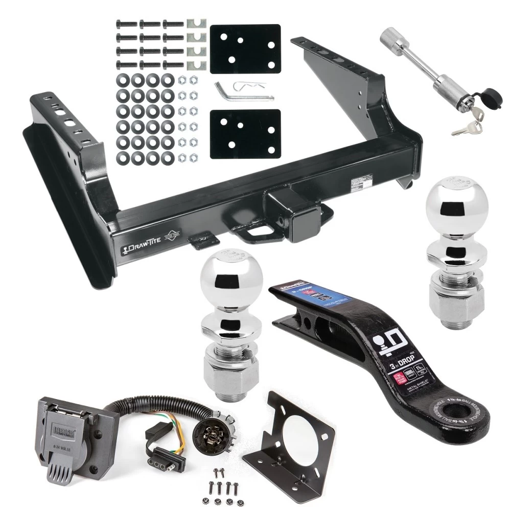 Class 5 Trailer Tow Hitch For 99-16 Ford F-250 F-350 F-450 Super Duty Standard Bed & Bumper w/ 7-Way Wiring 2-5/16" and 2" Ball 10" Long 3" Drop Draw Bar and Towing Lock