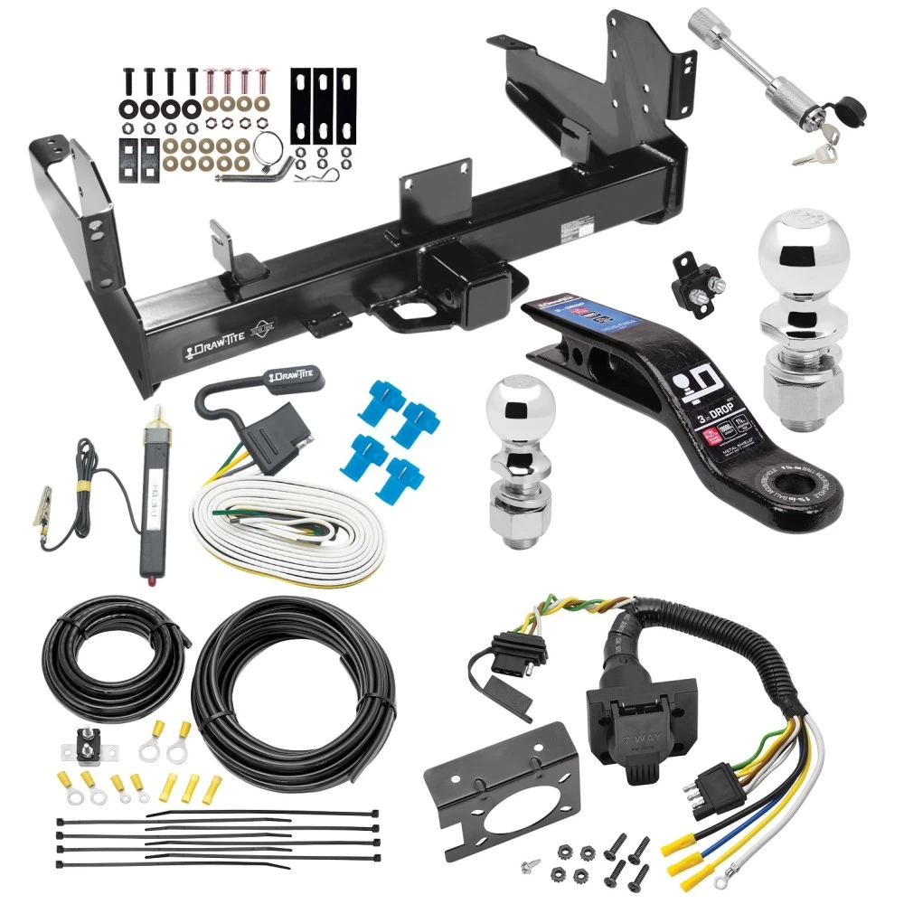 Class 5 Trailer Tow Hitch For 03-25 Dodge RAM 2500 3500 w/ 7-Way Wiring 2-5/16" and 2" Ball 10" Long 3" Drop Draw Bar and Towing Lock