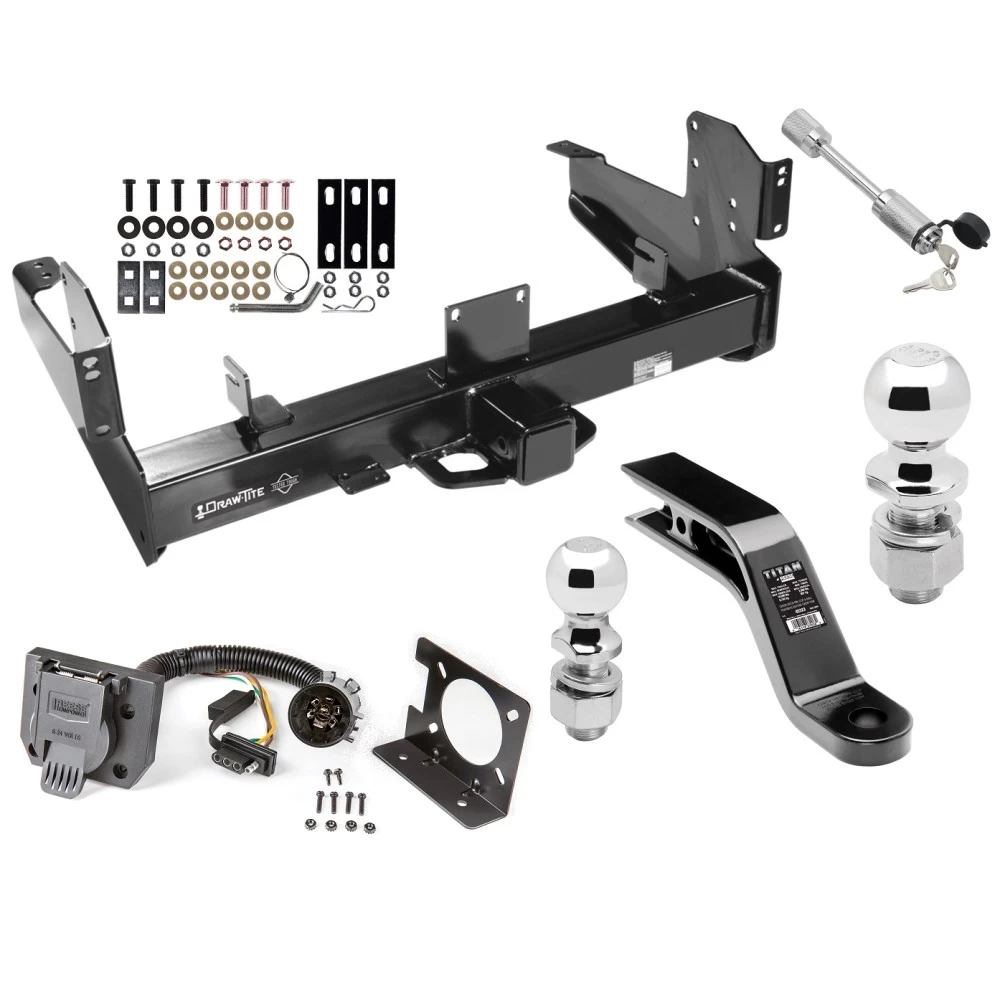 Class 5 Trailer Tow Hitch For 03-24 Dodge RAM 2500 3500 w/ 7-Way Wiring 2-5/16" and 2" Ball 10" Long 5" Drop Draw Bar and Towing Lock