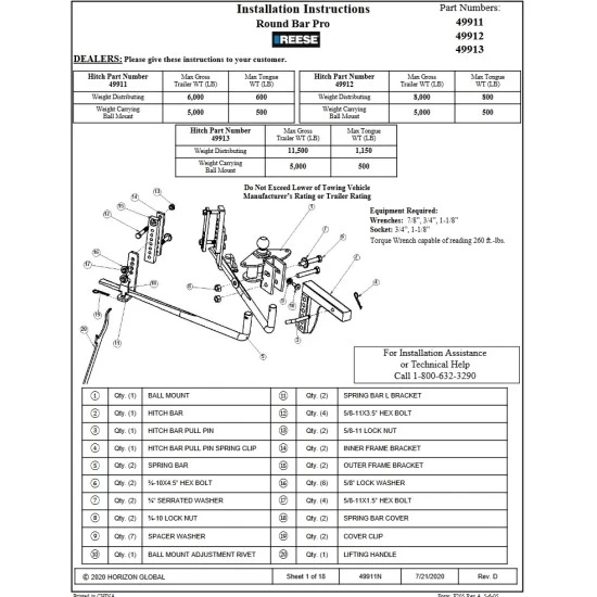 49911 Reese Integrated Sway Control Weight Distribution Hitch Kit 6000 lbs. Capacity Shank Included Reese 6,000 Lbs Trailer Weight Distribution Hitch Kit w/ Head, Deep Drop Shank, 2-5/16" Ball, Spring Bars, Control Brackets and Lift-Assist Bar, Hardware - Reduce Sway on Travel Trailer