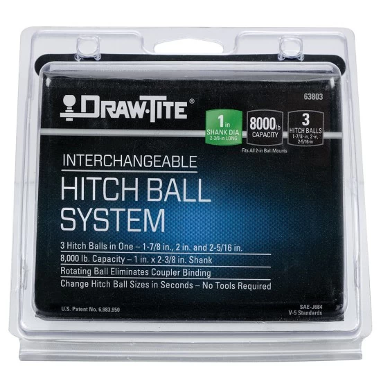 63803 Draw-Tite Interchangeable Trailer Hitch Ball 8000 lbs. Capacity Chrome Interchangeable Trailer Hitch Ball 1" Shank 1-7/8" 2" and 2-5/16" Balls 8000 lbs. Tow