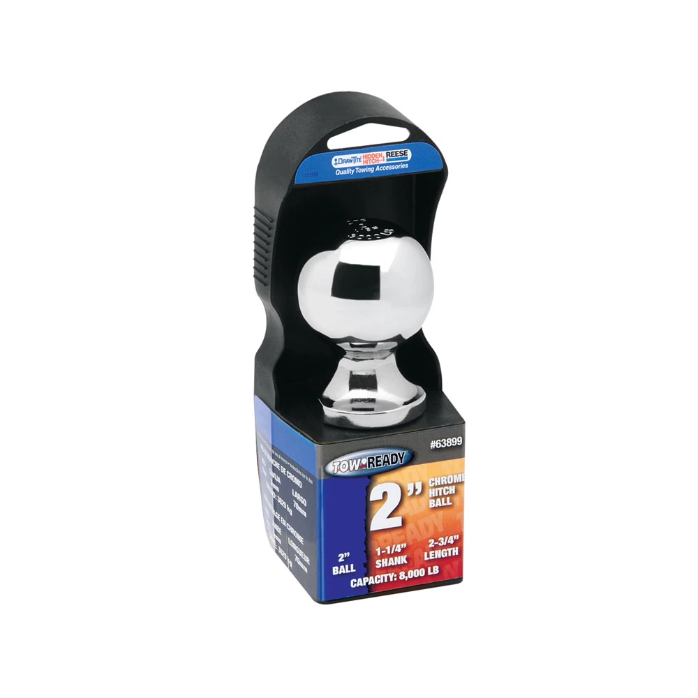63899 Draw-Tite Trailer Hitch Ball 2 inch Diameter 8000 lbs. Capacity Chrome Packaged Trailer Hitch Ball 2" x 1-1/4" x 2-3/4" 8000 lbs. Chrome Tow Ball