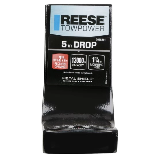 7028211 Reese Towpower Trailer Hitch Ball Mount 13000 lbs. Capacity Heavy Duty Fits 2-1/2 inch Receiver 5 inch Drop Black Reese 13K Class V Draw-Bar Ball Mount Fits Class V 2-1/2" Receiver Trailer Tow Hitch 5" Drop 3-1/2" Rise 10" Long 1-1/4" Ball Hole