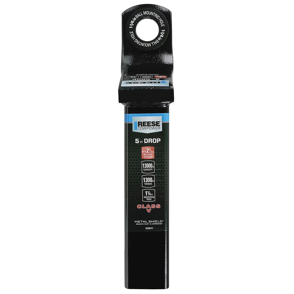 7028211 Reese Towpower Trailer Hitch Ball Mount 13000 lbs. Capacity Heavy Duty Fits 2-1/2 inch Receiver 5 inch Drop Black Reese 13K Class V Draw-Bar Ball Mount Fits Class V 2-1/2" Receiver Trailer Tow Hitch 5" Drop 3-1/2" Rise 10" Long 1-1/4" Ball Hole