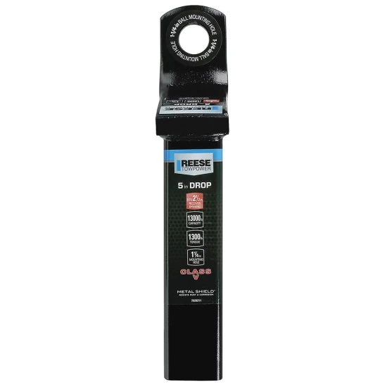 7028211 Reese Towpower Trailer Hitch Ball Mount 13000 lbs. Capacity Heavy Duty Fits 2-1/2 inch Receiver 5 inch Drop Black Reese 13K Class V Draw-Bar Ball Mount Fits Class V 2-1/2" Receiver Trailer Tow Hitch 5" Drop 3-1/2" Rise 10" Long 1-1/4" Ball Hole