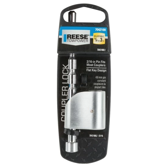 Reese Adjustable Trailer Tow Hitch Coupler Tongue Lock w/ 2 Flat Keys Fits Most Couplers Adjusts from 5/8" to 3" Stainless Steel Pin Brushed Nickel Lock