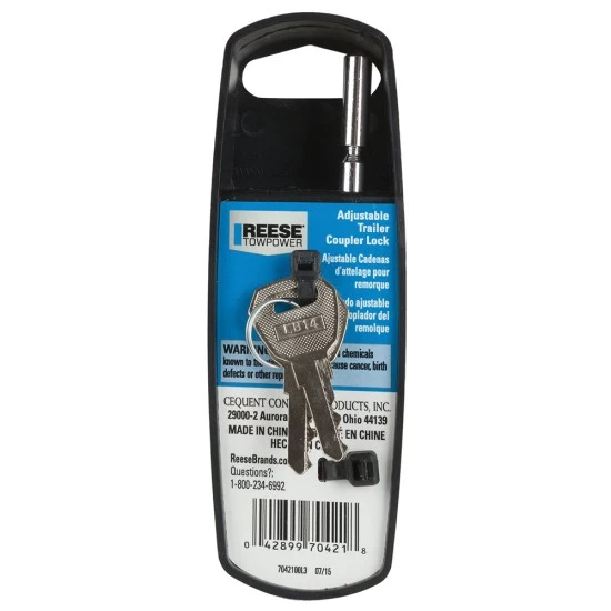 Reese Adjustable Trailer Tow Hitch Coupler Tongue Lock w/ 2 Flat Keys Fits Most Couplers Adjusts from 5/8" to 3" Stainless Steel Pin Brushed Nickel Lock