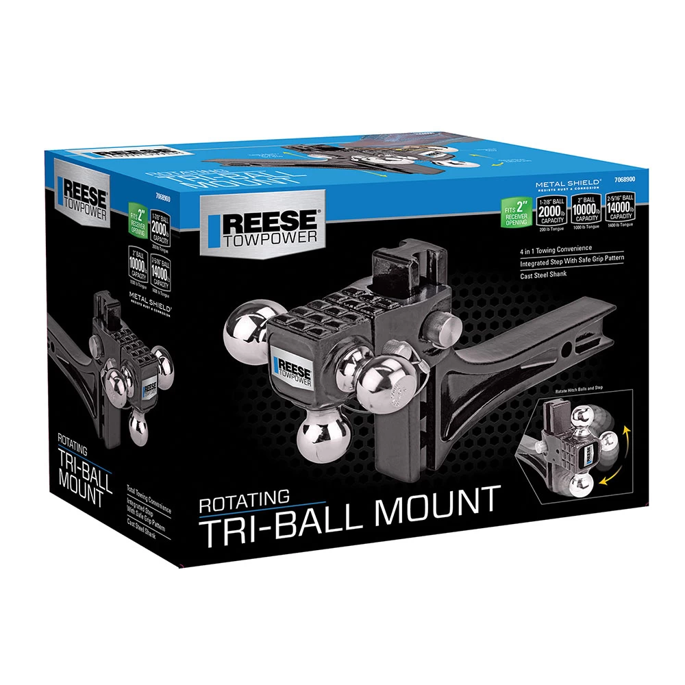 7068900 Reese Towpower Adjustable Trailer Hitch Ball Mount 14000 lbs. Capacity Heavy Duty Fits 2 inch Receiver 4-3/4 inch Drop Black Reese Rotating Triple Trailer Hitch Ball Mount w/ Step Fits 2" Tow Receiver 1-7/8" 2" and 2-5/16" Balls