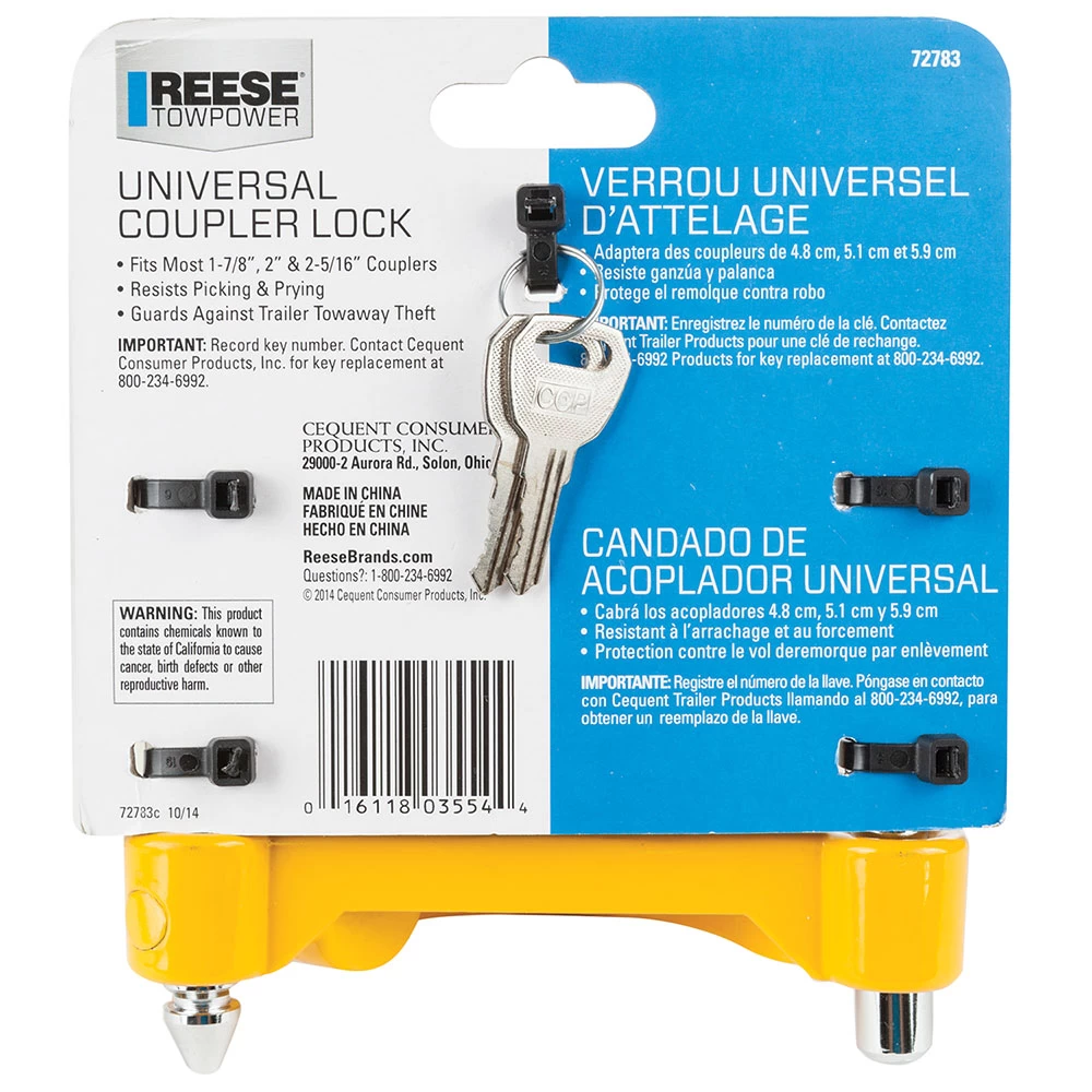 Reese Universal Trailer Tow Hitch Coupler Lock Fits 1-7/8 In 2 In and 2-5/16 In. Ball Couplers Distance Between Shackled Holes 4-1/2"