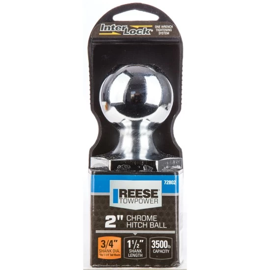 Reese 2" 3,500 lbs InterLock Trailer Hitch Tow Ball 3/4" Shank Diameter x 1-1/2" Shank Length Chrome Packaged