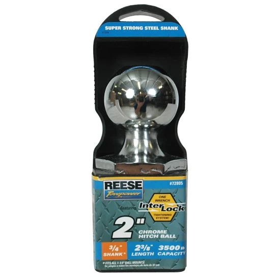 72805 Reese Towpower Interlock Trailer Hitch Ball 2 inch Diameter 3500 lbs. Capacity Chrome Reese 2" 3,500 lbs InterLock Trailer Hitch Tow Ball 3/4" Shank Diameter x 2-3/2" Shank Length Chrome Packaged