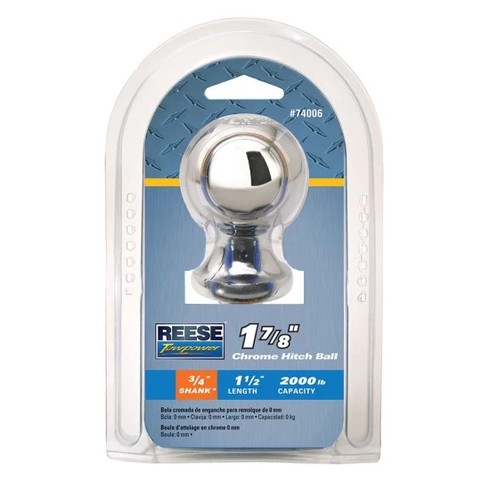 74006 Reese Towpower Trailer Hitch Ball 1-7/8 inch Diameter 2000 lbs. Capacity Chrome Reese Standard 1-7/8" 2,000 lbs Trailer Hitch Tow Ball 3/4" Shank Diameter x 1-1/2" Shank Length Chrome Packaged