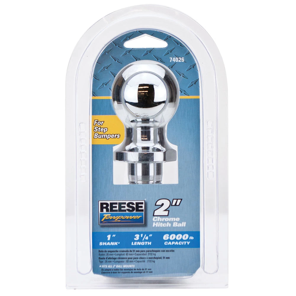 74026 Reese Towpower Trailer Hitch Ball 2 inch Diameter 6000 lbs. Capacity Chrome Reese Standard 2" 6,000 lbs Trailer Hitch Tow Ball 1" Shank Diameter x 3-1/4" Shank Length Zinc Packaged