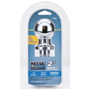 74026 Reese Towpower Trailer Hitch Ball 2 inch Diameter 6000 lbs. Capacity Chrome Reese Standard 2" 6,000 lbs Trailer Hitch Tow Ball 1" Shank Diameter x 3-1/4" Shank Length Zinc Packaged