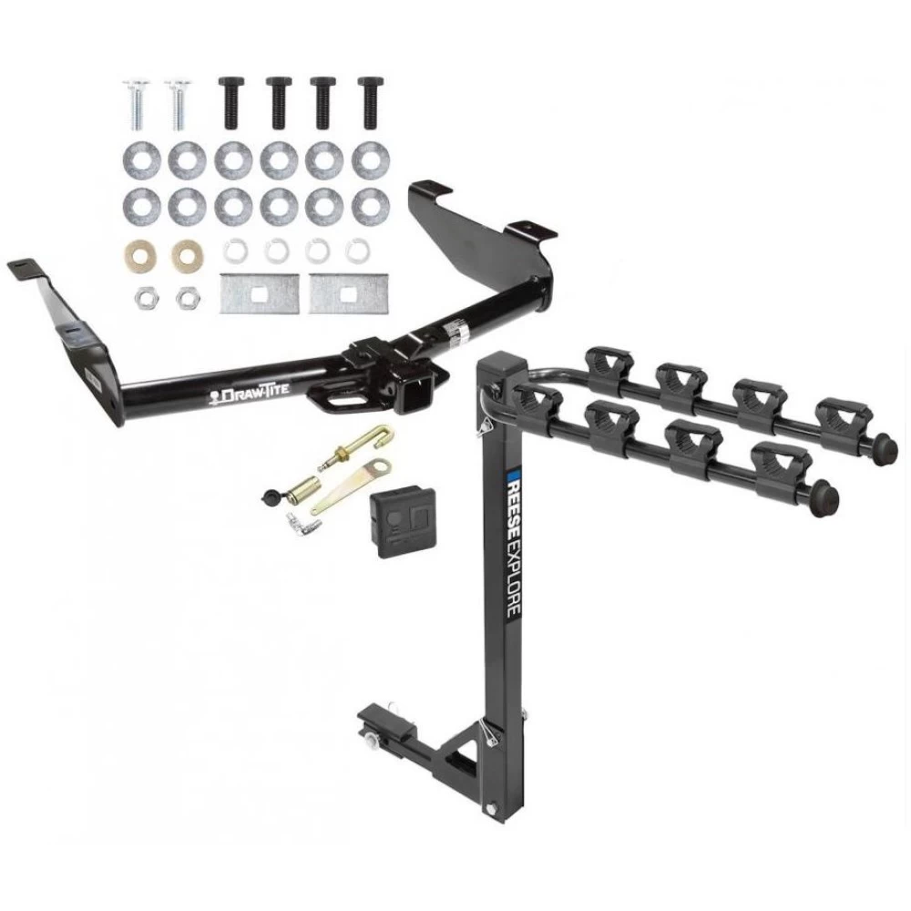 Trailer Tow Hitch w/ 4 Bike Rack For 01-10 Chevy Silverado GMC Sierra 2500 3500 HD 2007 Classic, 6-1/2 & 8 Foot Bed tilt away adult or child arms fold down carrier w/ Lock and Cover