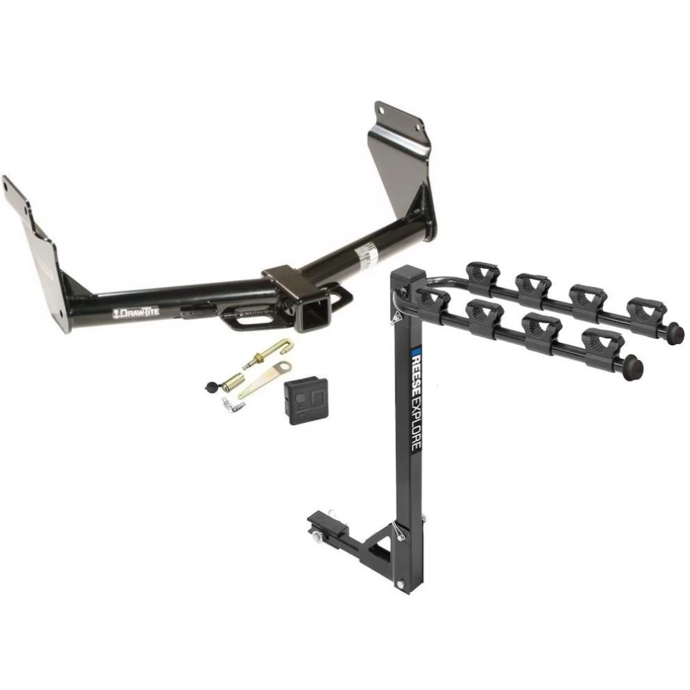 Trailer Tow Hitch w/ 4 Bike Rack For 11-26 Dodge Durango 14-21 Jeep Grand Cherokee EcoDiesel tilt away adult or child arms fold down carrier w/ Lock and Cover