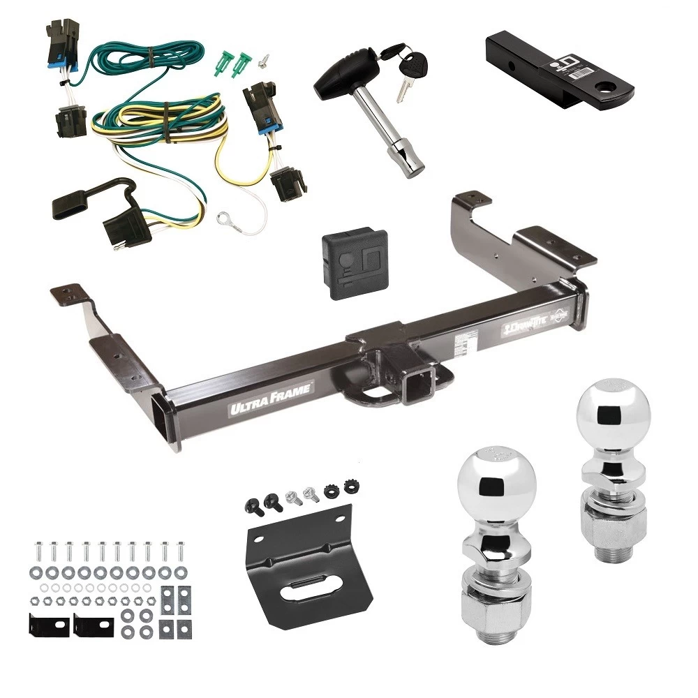 Ultimate Class 5 10K Tow Package For 03-27 Chevy Express GMC Savana 1500 2500 3500 Trailer Hitch w/ Wiring Dual 2" and 2-5/16" Ball 2" Drop Mount Lock Bracket Cover 2" Receiver