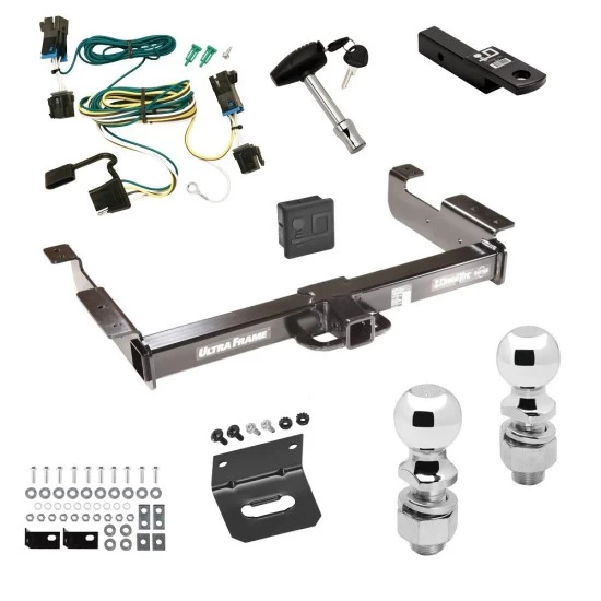 Ultimate Class 5 10K Tow Package For 03-27 Chevy Express GMC Savana 1500 2500 3500 Trailer Hitch w/ Wiring Dual 2" and 2-5/16" Ball 2" Drop Mount Lock Bracket Cover 2" Receiver