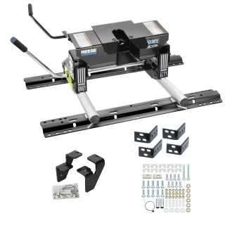 Reese Dual Jaw 16K Fifth Wheel Trailer Hitch w/ Round Tube Slider and Rails For 2003-2012 Dodge Ram 2500 3500 w/ Overload Springs Truck Base Rail Kit 5th Wheel Brackets Hardware