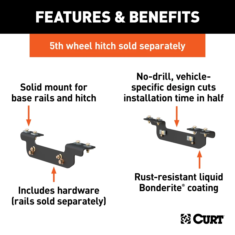 Curt Industry Standard Base Rail Kit with Quick Connect Brackets for Fifth Wheel & Gooseneck Hitches, Gray Finish, fits Chevy and GMC 2011-2019
