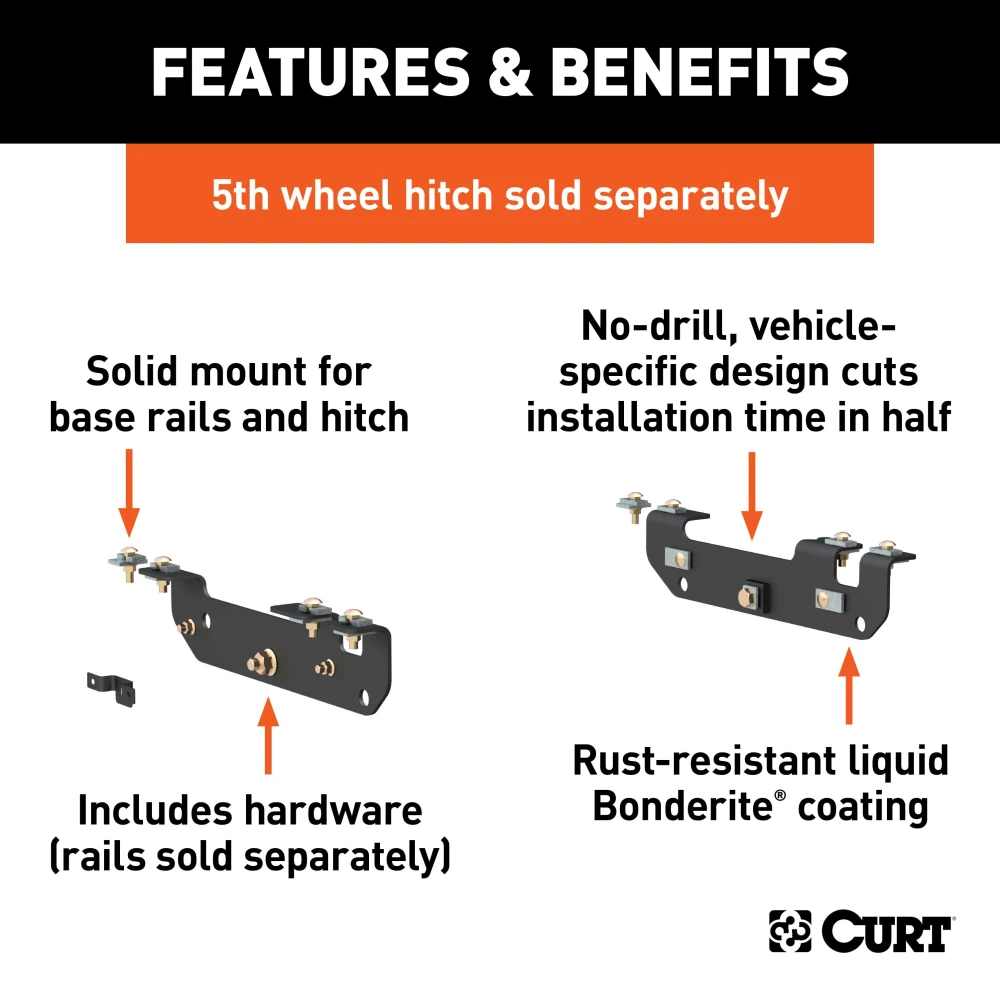 16424 - Custom 5th Wheel Brackets, Select Ford F-250, F-350, F-450 Super Duty Curt A20 5th Wheel Hitch for Ford trucks, 20K towing capacity