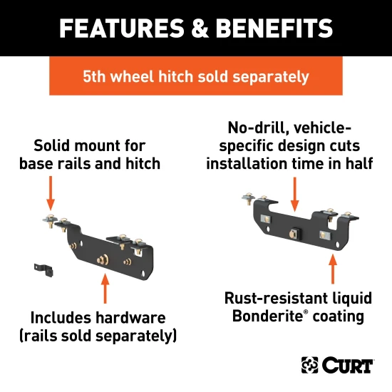 16424 - Custom 5th Wheel Brackets, Select Ford F-250, F-350, F-450 Super Duty Curt A20 5th Wheel Hitch for Ford trucks, 20K towing capacity