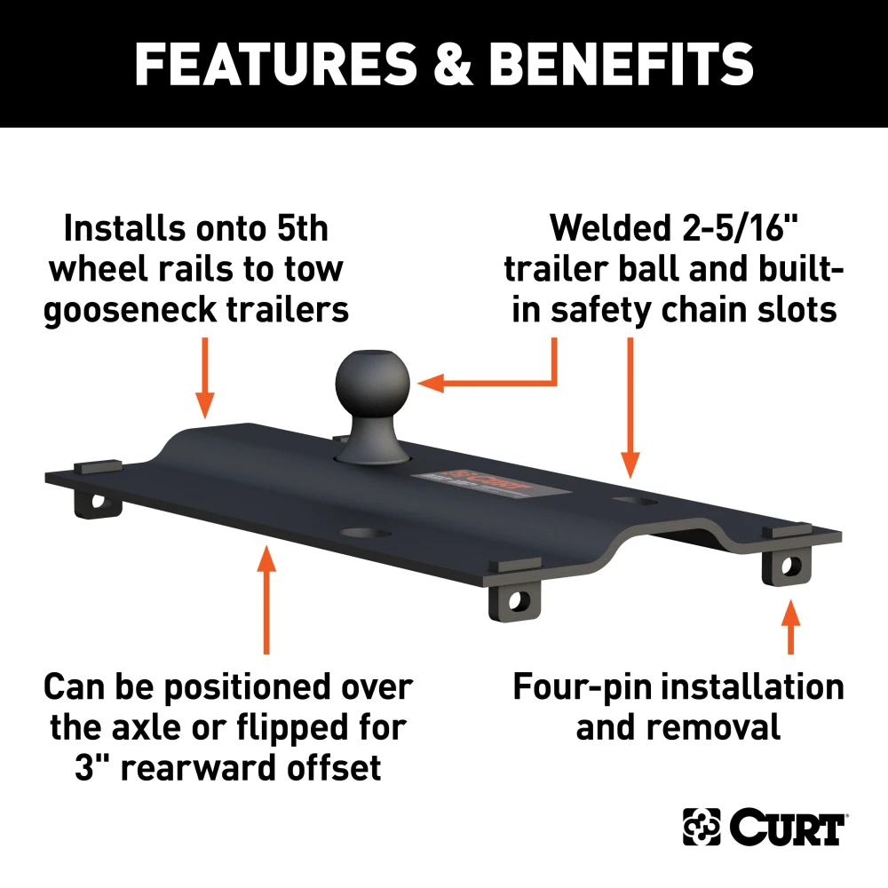16911 - Custom 5th Wheel Brackets, Select Ford F-150 Curt 25K Gooseneck Trailer Hitch Bent Plate with Reese Rails for Ford