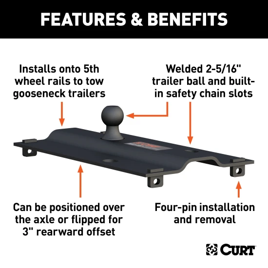 16911 - Custom 5th Wheel Brackets, Select Ford F-150 Curt 25K Gooseneck Trailer Hitch Bent Plate with Reese Rails for Ford