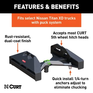 Curt 5th Wheel Base Kit for Nissan Titan XD, fits OE Puck Systems