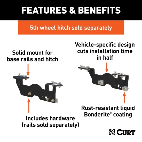 16911 - Custom 5th Wheel Brackets, Select Ford F-150 Curt 25K Gooseneck Trailer Hitch Bent Plate with Reese Rails for Ford