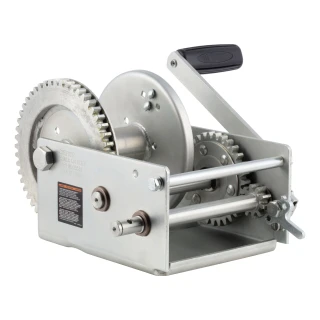 CURT 2-speed winch with cold-forged steel construction for boats, rated for 3,800 lbs, universal mounting.