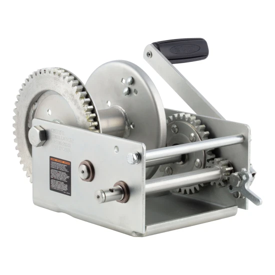 CURT 2-speed winch with cold-forged steel construction for boats, rated for 3,800 lbs, universal mounting.