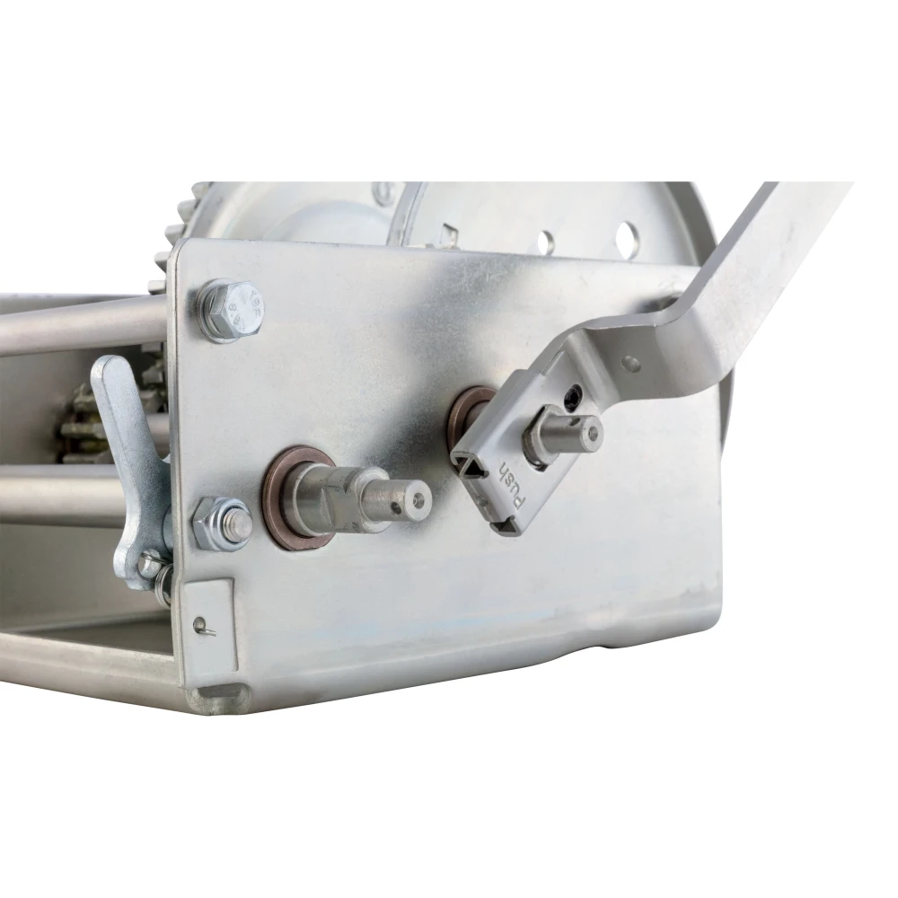 CURT 2-speed winch with cold-forged steel construction for boats, rated for 3,800 lbs, universal mounting.