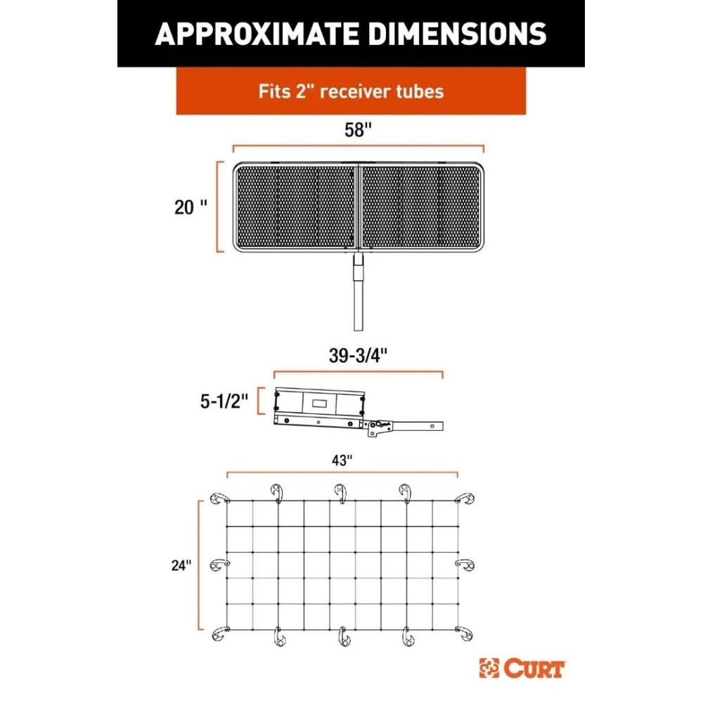 CURT 60x20 Folding Hitch Cargo Carrier Kit with Bag and Net for 2" Receiver