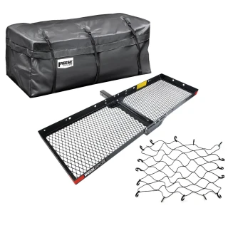 Reese 60×20 hitch cargo carrier bundle with 500 lb basket, rainproof 54×21×20 bag and cargo net for 2″ receiver
