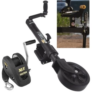 Fulton XLT Boat Trailer Winch 1500 lbs + Tactical Black Trailer Jack Sharkskin Saltwater Tested 1500 lbs 5 Year Warranty + Hardware Bolt-On Side Mount