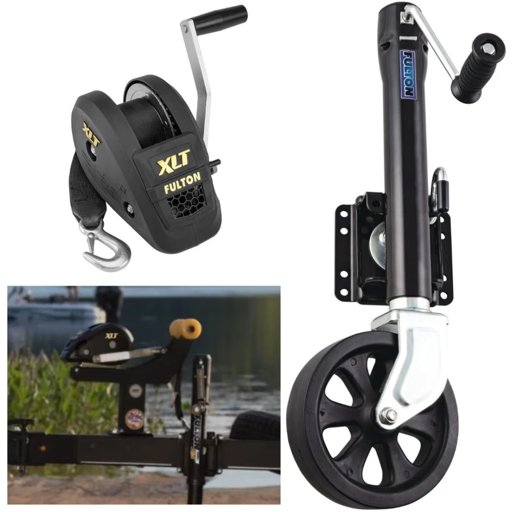 Fulton XLT Boat Trailer Winch 1500 lbs + XP Trailer Jack 1500 lbs 5 Year Warranty + Hardware Bolt-On Side Mount