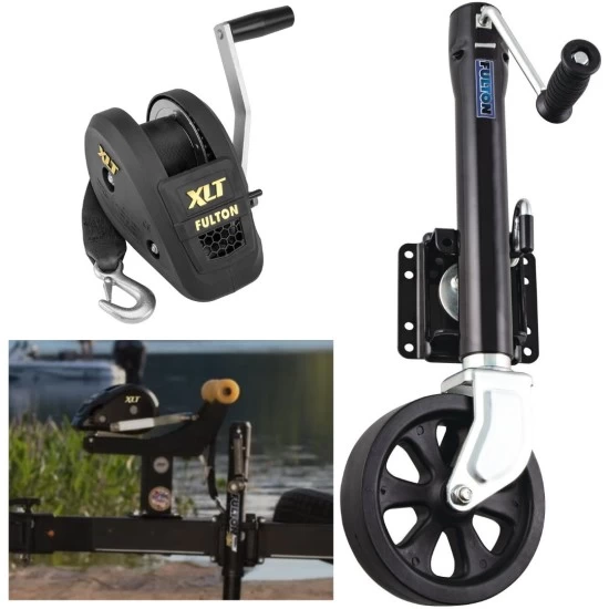 Fulton XLT Boat Trailer Winch 1500 lbs + XP Trailer Jack 1500 lbs 5 Year Warranty + Hardware Bolt-On Side Mount