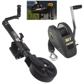 Fulton XLT Boat Trailer Winch 1800 lbs + Tactical Black Trailer Jack Sharkskin Saltwater Tested 1500 lbs 5 Year Warranty + Hardware Bolt-On Side Mount