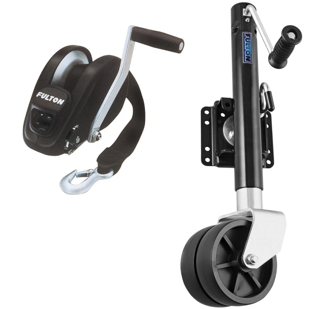 Fulton XLT Boat Trailer Winch Single-Speed 1800 lbs + Fulton XP Boat Trailer Jack 1500 lbs Lift Dual Wheel 5 Year Warranty + Hardware Bolt-On Side Mount