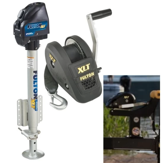 Fulton XLT Boat Trailer Winch Single-Speed 1500 lbs + XLT Boat XLT Powered Electric Trailer Jack 1500 lbs 5 Year Warranty + Hardware Bolt-On Side Mount