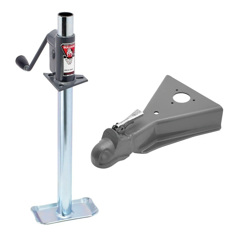 Bulldog 750 lb A-Frame trailer jack with bracket foot and 12.5K cast head coupler bundle