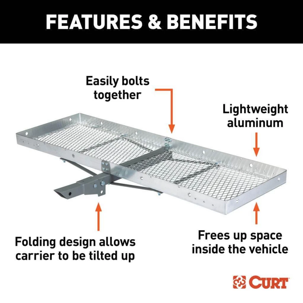 CURT 60x20 Aluminum Hitch Cargo Carrier with Elastic Net and Hitch Lock