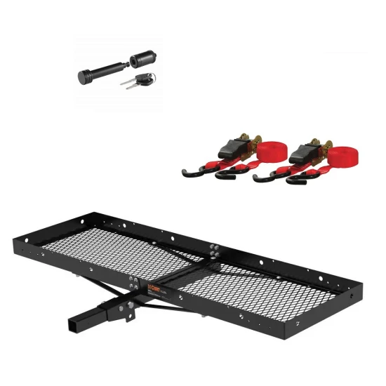 CURT 60x20 folding hitch cargo carrier with ratchet straps and hitch lock – 500 lb capacity