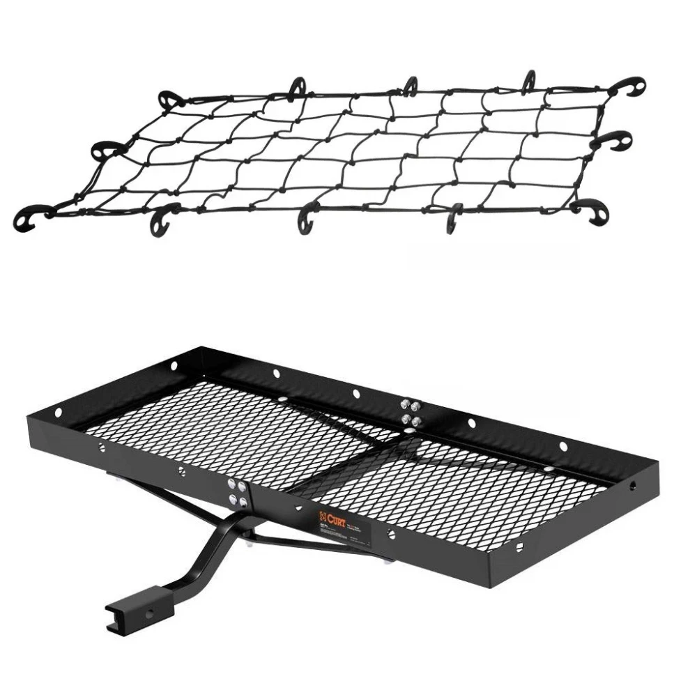 CURT 48x20 hitch tray cargo carrier bundle with elastic cargo net on vehicle