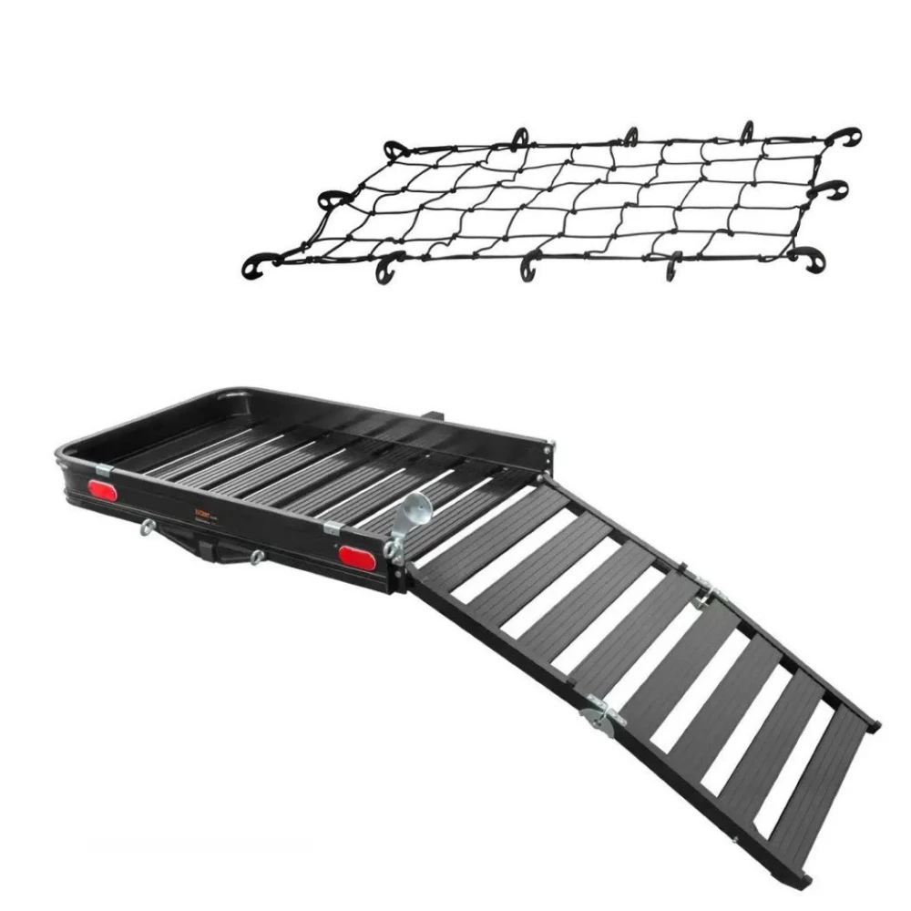 CURT 50x30.5 Aluminum Hitch Cargo Carrier with Folding Ramp, Cargo Net & Hitch Lock