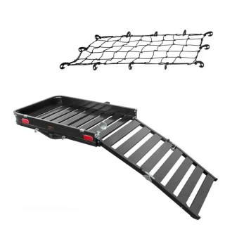 CURT 50x30.5 Aluminum Hitch Cargo Carrier with Folding Ramp, Cargo Net & Hitch Lock