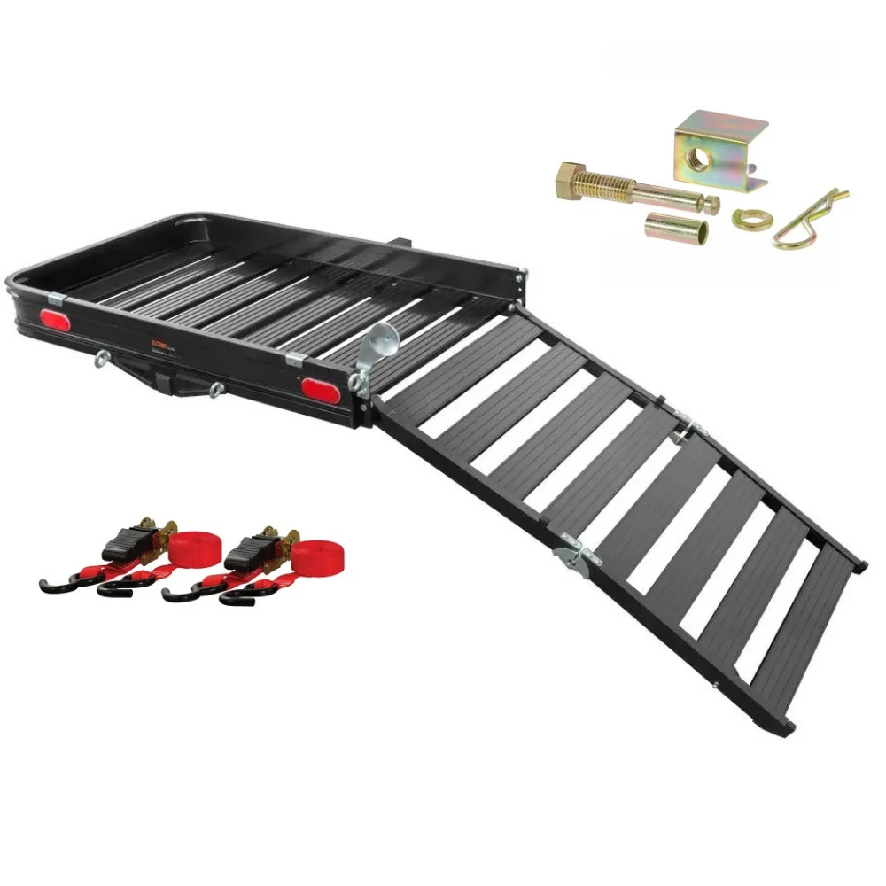 CURT 50x30.5 Folding Aluminum Hitch Cargo Carrier with Ramp, Straps & Anti-Rattle Pin