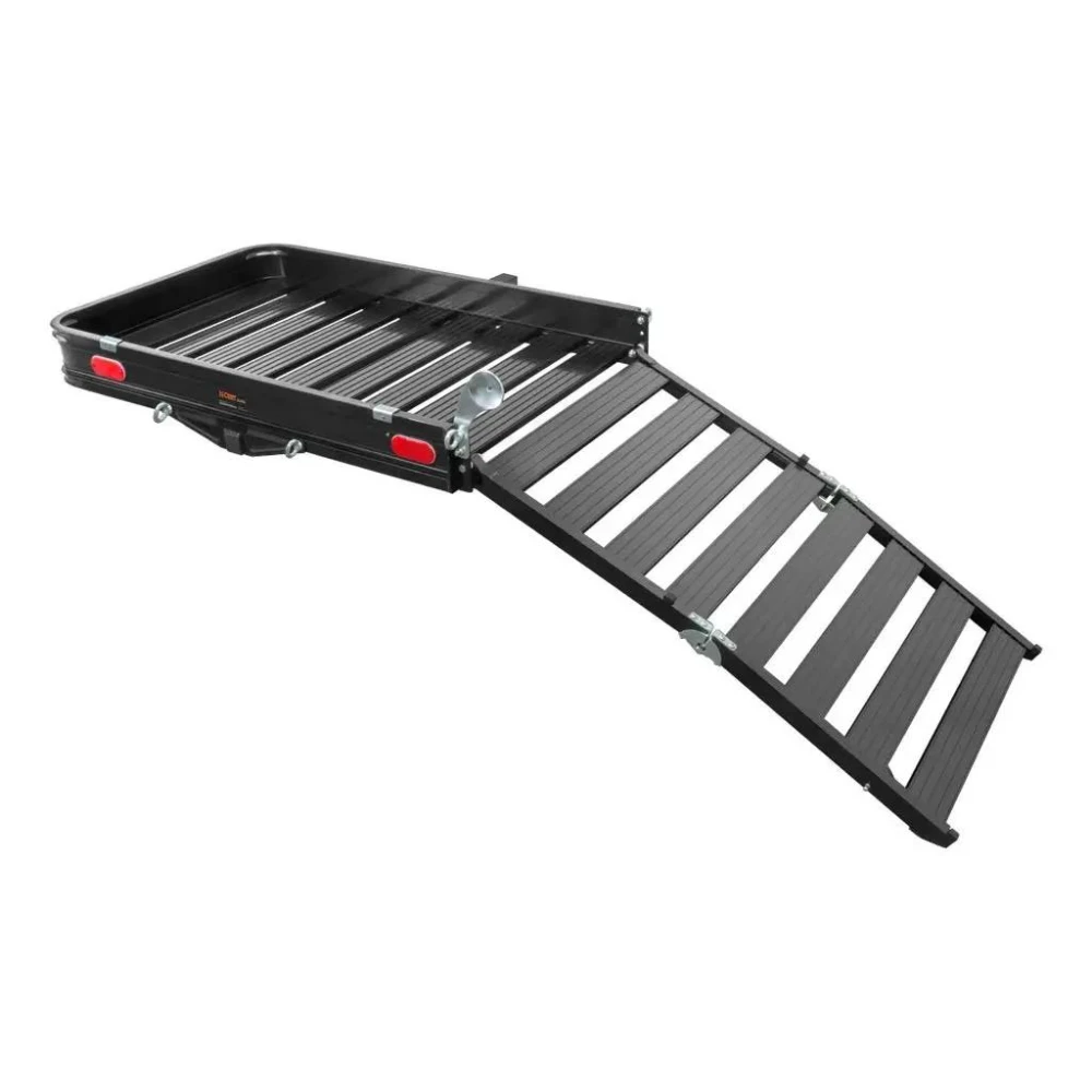 CURT 50x30.5 Folding Aluminum Hitch Cargo Carrier with Ramp, Straps & Anti-Rattle Pin